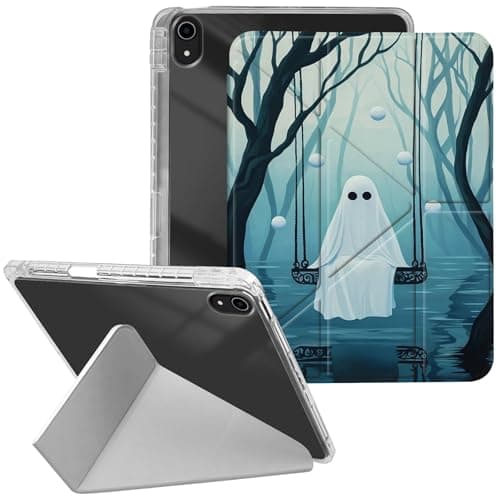 Clear Y-Fold Stand Case for iPad (A16) 11th Gen 11'' (2025), iPad 10th Gen 10.9'' (2022) with Pencil Holder– Slim Shockproof Transparent Cover with Auto Sleep/Wake,Ghost Sitting on The Swing