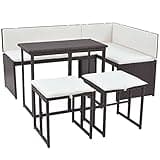 KGHFDVB 5 Piece Patio Dining Set Steel Poly Rattan Brown, Outdoor Rattan Sofa Set with Corner Sofa, 2-Seater, Folding Table, 2 Stools, 4 Seat and 3 Back Cushions, Powder-Coated Steel Frame