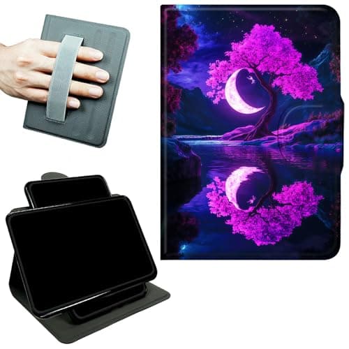RWUTYTIUL Rotating Handle Case for Samsung Galaxy Tab S8 Plus 2022/S7 FE 2021/S7 Plus 2020 12.4 Inch, 360 Degree Swivel Kickstand with Magnetic Closure Leather Protective Cover, Purple Moon Tree