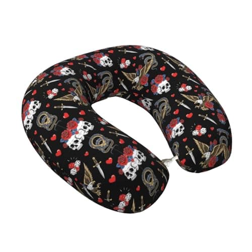 PPIKTC Travel Neck Pillow Vintage Rock Snake Knife Wild Eagle Rose Skull with Memory Foam, U-Shaped Design for Head and Chin Support on Flights and Drives