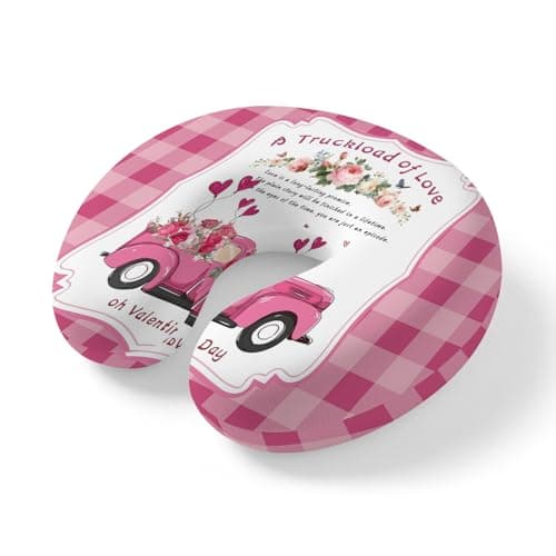 Valentine's Day Neck Pillow Memory Foam U Shaped Travel Pillow, Pink Love Heart Truck Floral Romantic Plaid Neck Support Pillows Decorative Headrest Cushion for Airplane Sleeping Car Office