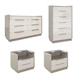 AMERLIFE 4 Piece Bedroom Furniture Set, 2 Nightstands with Charging Station, 8 Drawer Dresser with LED Light & 5 Drawer Chest, Modern High Gloss UV Finish, Bedroom Storage Organizer, Cream & Grey