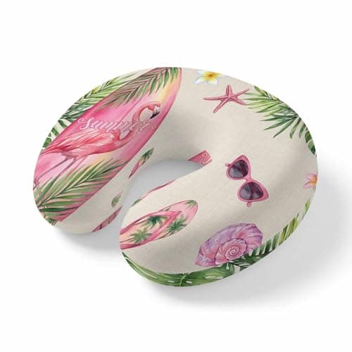 Travel Pillows U-Shaped Neck Pillow Summer Beach Surfboards Slipper Ergonomic Memory Foam Pillow Head Cushion,Ocean Flower Leaf Retro Linen Soft Portable Neck Pillows for Office Airplane Car Train