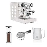 Rocket Espresso Appartamento 2.0 Espresso Machine (White) Bundle with Giannino Grinder (Chrome/Wood), 58mm Bottomless Portafilter & 12oz Frothing Pitcher (Matte White)