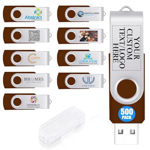 500 Pack 1GB Custom USB Flash Drives USB 2.0 with Case, Personalized Thumb Drives with Logo/Text/Image, Brown Bulk Customized Memory Sticks for Wedding, Business, Corporate Gifts
