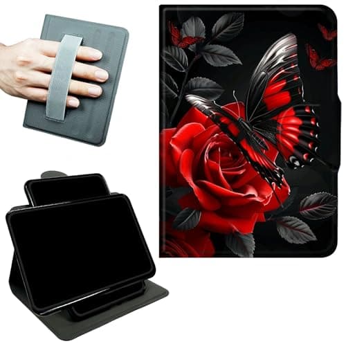 RWUTYTIUL Rotating Handle Case for iPad Pro 13 Inch M5 2025/M4 2024, 360 Degree Swivel Kickstand with Magnetic Closure, Shockproof Leather Protective Cover for Women Men, Red Rose Butterfly