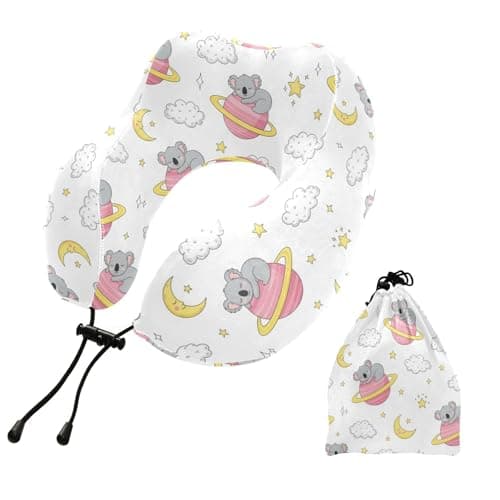 SPRIPORT Koala Planet Cloud Pattern Travel Neck Pillow for Sleeping Airplane Memory Foam Neck Support Pillow with Storage Bag Sleeper Hold Pillow for Adults Kids Home Office Long Flight Car Train Bus