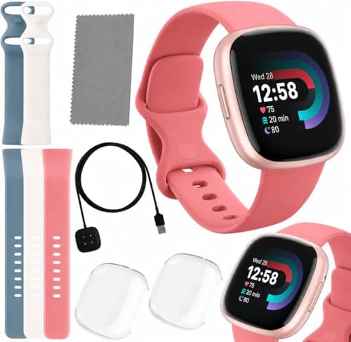 Fitbit Versa 4 Smartwatch (Bundle) – GPS Fitness Tracker, 40+ Exercise Modes, Heart Rate, Sleep, Android & iPhone + Fast Charger, 2 Silicone Bands, Protection Shields, Cleaning Cloth (Pink)
