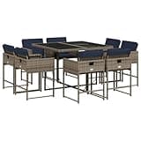 Kaorsrow 9 Piece Garden Dining Set Grey Poly Rattan Outdoor Furniture Set with Tempered Glass Table and Thick Cushions, Space-Saving Cube Dining Set for Patio Backyard and Balcony