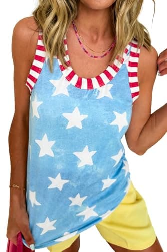 UONBOX Women's Tie Dye Star Print Sleeveless Tank Trim Round Neck Casual Vests 4th of July Summer Top Sky Blue