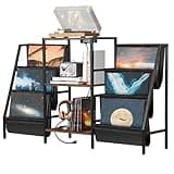 Large Vinyl Record Player Stand with Built-in Power Outlets - Retro Industrial Turntable Display Shelf and Media Storage Table with Fabric Sling Racks