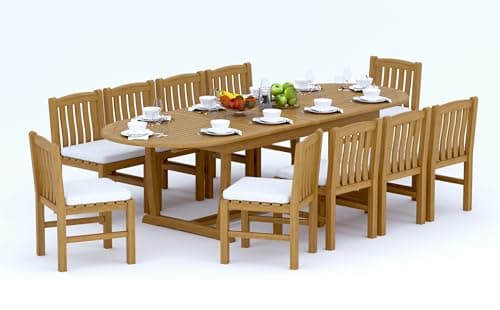 WholesaleTeakFurniture Grade-A Teak Wood 10 Seater 11 Pc Dining Set: 118" Double Extension Mas Oval Trestle Leg Table and 10 Devon Armless Chairs #21DV2700