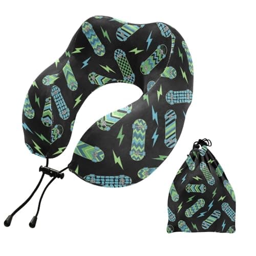 Skateboard Lightning Black Pattern Travel Neck Pillow for Sleeping Airplane Memory Foam Neck Support Pillow with Storage Bag Sleeper Hold Pillow for Long Flight Car Train Bus Home Office Adults Kids