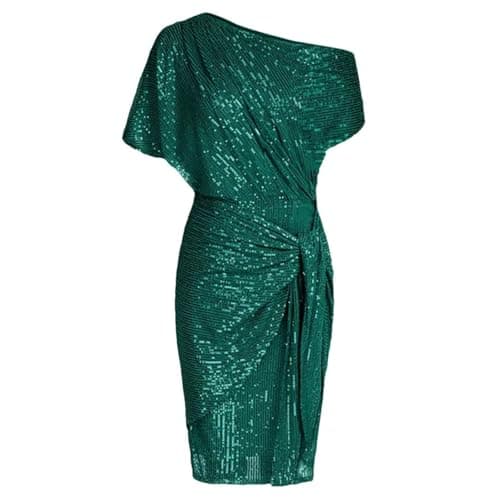 JOFOW Sequin Dress for Women Sparkly Glitter Party Club One Shoulder Cocktail Wedding Midi Dresses Green S
