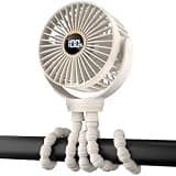 Portable Stroller Mini Fan, Small Rechargeable Personal Fan, Travel Essentials for Baby, Wagon, Car Seat, Treadmill, Battery Powered Biking Gear Accessories, 360° Rotation, 3-Speed, Display, Beige