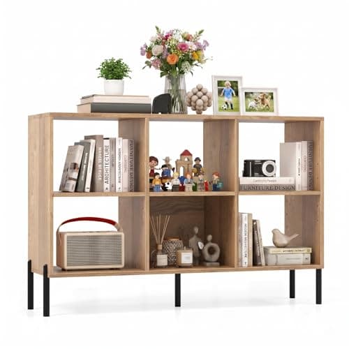POWERSTONE 6-Cube Storage Organizer with Adjustable Shelves, 47" Wood Bookshelf with 5 Metal Legs, Modern Low Bookcase Open Display Cabinet for Living Room, Office, Coffee Bar (Natural)