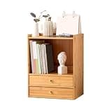 CFGH6FDF Desktop Simple Bookshelf Home Bamboo Storag Rack with Double Drawers Freestanding Book Shelf