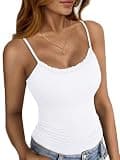 SLOWCOLIN Women's Lace Trim Camisole Adjustable Strap Ribbed Tank Top Sexy Base Layer White XS