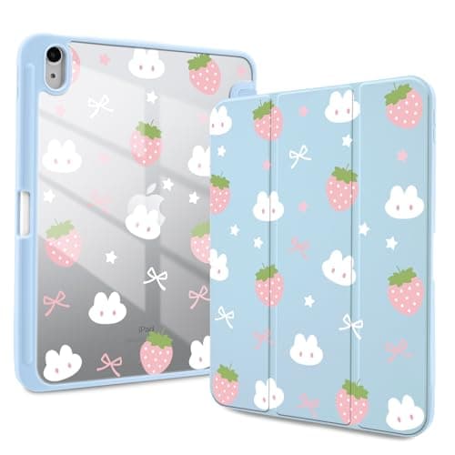 Idocolors Case for iPad Pro(2017)/iPad Air3 10.5 inch, Shockproof Cover Clear Transparent Back Shell with Pencil Holder, Auto Wake/Sleep Case for Women Girls, Bunny-Blue