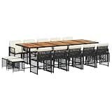 GHVBNMF 15-Piece Garden Dining Set for 14 People, Large Rattan Patio Furniture Set with Acacia Wood Table and Cushioned Chairs, Foldable Outdoor Dining Group for Terrace and Yard