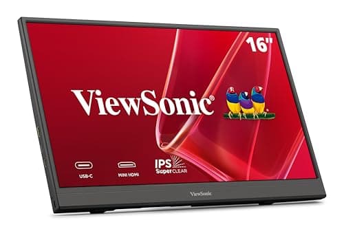 ViewSonic VA1653 16 Inch 1080p Portable Monitor, IPS Display with Eye Care for Easy Second Screen Productivity, Built-in Stand, USB-C, Mini HDMI, and Protective Case