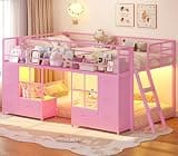 BTHFST Low Bunk Bed Twin Over Twin with 8 Fabric Drawers & Bookshelf, Twin Bunk Beds with RGB LED Lights, Windows, Metal Bunk Beds for Kids with Slanted Ladder & Safety Guardrails, Space Saving, Pink