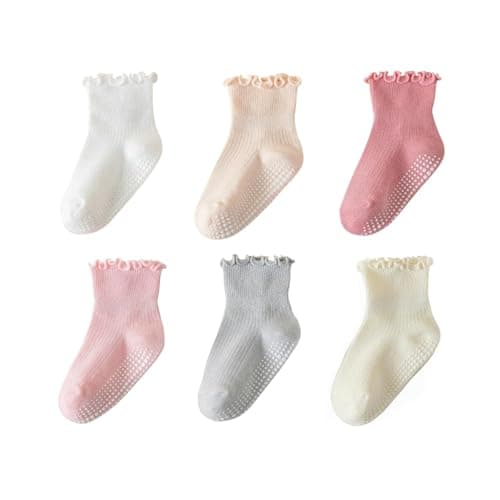 VIAOKUTH Toddler Girls Non Slips Ruffle Socks with Grippers Little Kids Silicone Socks Baby Cotton Ankle Crew Socks for Infant 6 Pairs White Beige Pink Gray Apricot 0-6 Months