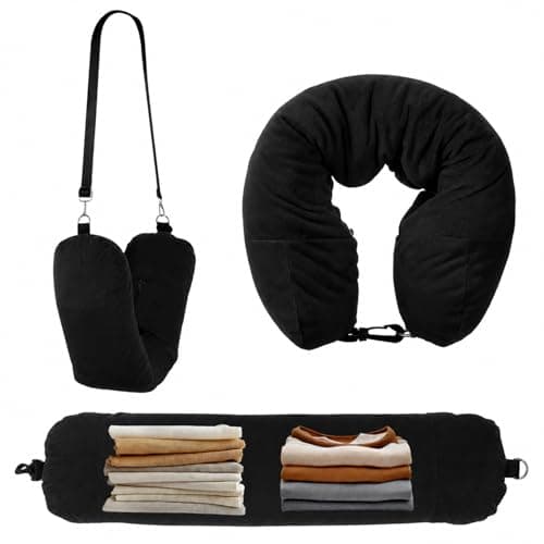 Yuomeaz Stuffable Neck Pillow for Travel, Velvet Travel Neck Pillow Storage Bag with Adjustable Necks Size for Airplanes, No Filler Storage Pillows Fits 3+ Days of Travelling Essentials (Black)