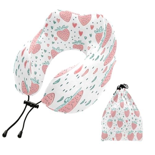 Nesatuwa Simple Strawberry Print Travel Pillow Portable Soft Memory Foam Neck Support Airplane Pillow with Adjustable Clasp