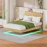 OFLILAK Full Size Floating Bed Frame with Concealed Legs, Built-in Charging Station, App-Controlled LED Lights & Wavy Headboard, No Box Spring Needed, Noise-Free & Easy Assembly, Oak