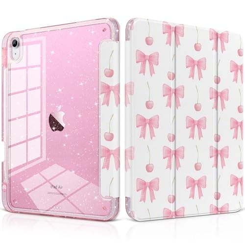 MEEgoodo Case for iPad Air 13 inch 2026(M4) / 2025(M3) / 2024(M2), Glitter Tablet Cases with Transparent Acrylic Back+Trifold Stand +Pencil Holder+Auto Wake/Sleep,Cherry & Pink Bows