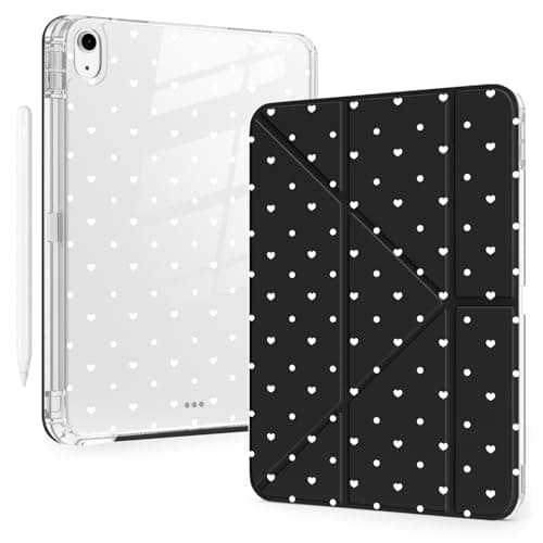 BlHMCASE Cute White Polka Dot Heart for iPad (A16) 11th/10th Generation Case 11 Inch/10.9 Inch 2025/2022 with Pencil Holder, Auto Sleep/Wake, Black Leather Acrylic Back Detachable Cover