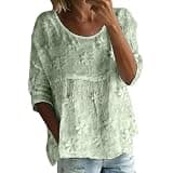 CAOQAO Women's Summer Boho Floral 3/4 Sleeve Tunic Top Flowy Casual Loose Cute Plus Size Pleated Blouse Shirts(2D-Light Green, XXXL)