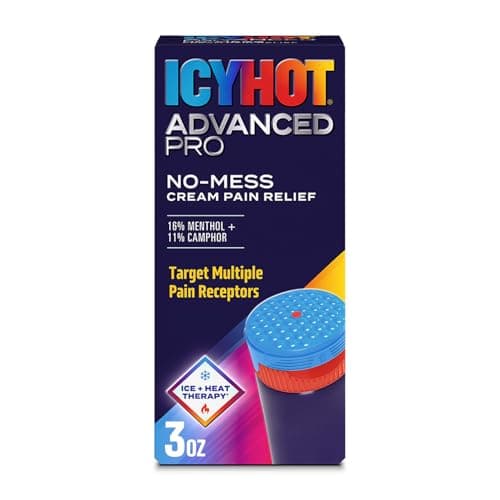 Icy Hot Advanced PRO Pain Relief No-Mess Cream with Massaging Applicator, Max Strength Pain Relief with Menthol 16% and Camphor 11% for Backaches, Joints, Muscle Strains and Arthritis, 3 oz