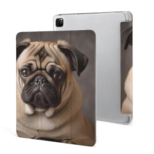 iPad Pro 2020、2021、2022 Case 12.9 Inch with Pencil Holder Animal Pug Dog Trifold Stand Protective Slim Back Shell Auto Wake Sleep