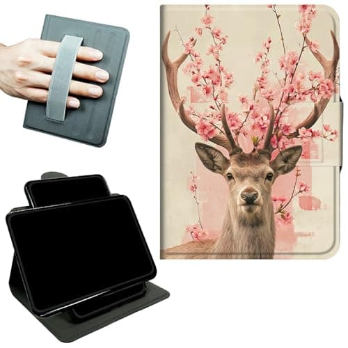 RWUTYTIUL Rotating Handle Case for Samsung Galaxy Tab A11 Plus 2026/A9 Plus 11" 2024, 360 Degree Swivel Kickstand with Magnetic Closure Shockproof Leather Cover for Women Men, Peach Blossom Deer
