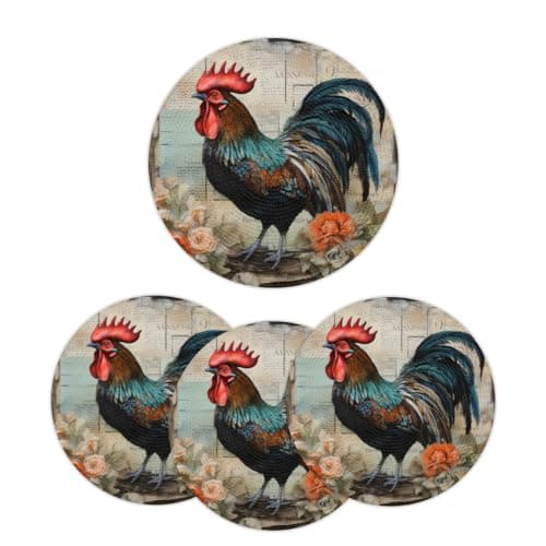Hsnar Vintage Rooster Round Placemats Set of 4 Washable Braided Place Mats Heat Resistant Woven Table Mats for Dining Table Kitchen 15 Inch