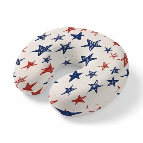 Travel Pillows U-Shaped Neck Pillow Independence Day Red Blue Star Seamless Memory Foam Pillow Head Cushion,Patriotic Pentagram Vintage Linen Soft Portable Neck Pillows for Office Airplane Train