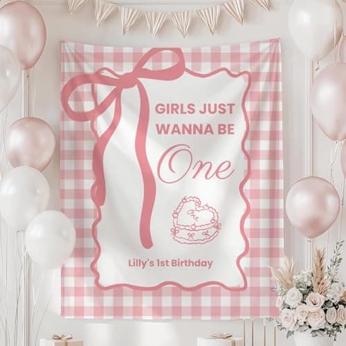 Personalized First Birthday Banner for Girls – “Girls Just Wanna Be One” Party Sign – Custom 1st Birthday Decoration – Pink Glitter Theme – One-Year-Old Baby Girl Bday Photo Prop Décor