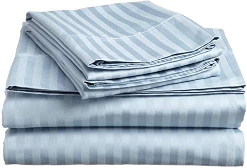Ossam Linen Queen Size- Ultra Soft 600 Thread Count 100% Pima Cotton 4 Piece Sheet Set Queen Size Fit Up 19" Inch to 21" Inch Deep Pocket (Striped (Light Blue)