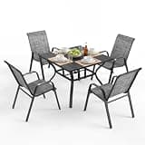 Outdoor Patio Dining Set for 4, 5 Pieces Patio Table and Chairs Set with Umbrella Hole, 37.8"x 37.8" Square Metal Wood-Grain Dining Table Set with 4 Stackable Patio Chairs for Deck , Backyard, Porch