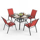 Outdoor Patio Dining Set for 4, 5 Pieces Patio Table and Chairs Set with Umbrella Hole, 37.8"x 37.8" Square Metal Wood-Grain Dining Table Set with 4 Stackable Patio Chairs for Deck , Backyard, Porch