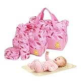 KOCASO 5Pcs Baby Nappy Diaper Bags Set, Mummy Diaper Handbags with Diaper Pad Food Bag Bottle Bag, Travel Tote Bags for Mom Dad, Light Pink