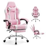 DUMOS Ergonomic Gaming Office Desk Chair with Footrest and Headrest for Adults, PU Leather Video Computer Chair with Linkage Armrests, Height Adjustable 360° Swivel Recling, White Pink