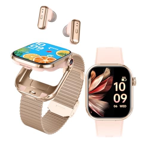 ATEVIX Smart Watch with Earbuds, 2.02" HD Screen, 2 in 1 Fitness Tracker with Wireless Earphone, Waterproof, Compatible for Android iOS, Comes with 2 Watch Straps, Rose Gold