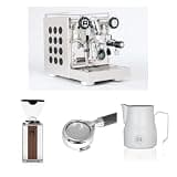 Rocket Espresso Appartamento 2.0 Espresso Machine (Black) Bundle with Giannino Grinder (Chrome/Wood), 58mm Bottomless Portafilter & 12oz Frothing Pitcher (Matte White)