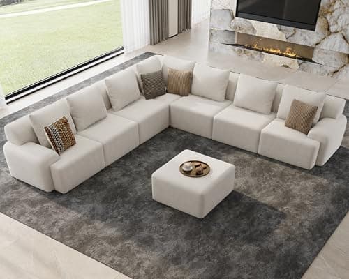 Kalafini Boneless Couches for Living Room, L-Shaped Deep Seat Corner Couch, 8 Seater Cloud Modular Sectional Sofa, Comfy Plush Corduroy Convertible Oversized Couches, No Assembly Required, Beige