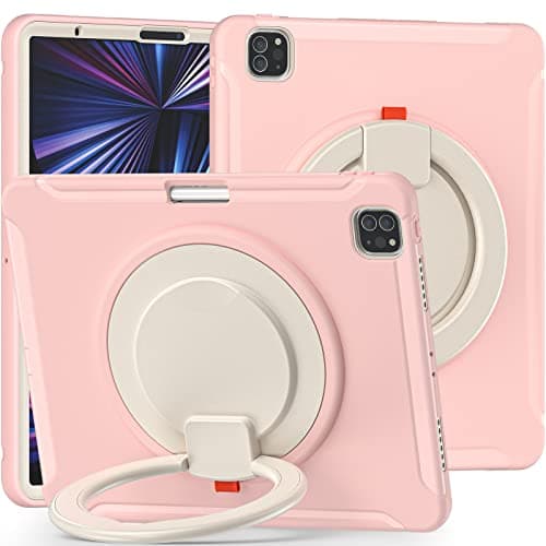for iPad Pro 12.9 2021 5th Generation Kids Case, 360° Rotatable Handle Stand Case Heavy Duty 3-Layer Hybrid TPU Full-Body Shockproof Case,Pink