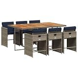 mtlskopl 7 Piece Patio Dining Set, Outdoor Grey Poly Rattan Dining Table and 6 Chairs with Navy Blue Cushions, Space Saving Cube Furniture for Garden, Backyard and Patio