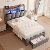 Decofy Twin Upholstered Bed Frame with 2 Storage Drawers and Bookcase Headboard, Platform Bed with with Charging Station & LED Lights, Heavy Duty Metal Support, No Box Spring Needed, Soft Grey